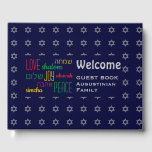 WELCOME Kärlek Joy Peace Hebrew Personlig Blue Gästböcker<br><div class="desc">Behålla minnet av dina speciella sammankomster levande genom att samla in dina gästers tankar i denna subtilt snyggt mörk blått och grått Guest Bok. Platshållartexten är anpassade, så du kan ändra beskrivningen, t.ex. till din familj namn etc. Ord KÄRLEK JOY PEACE är också skrivet i hebreiska (och färg-kodade). Passar för...</div>