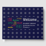 WELCOME Kärlek Joy Peace Hebrew Personlig Blue Gästböcker<br><div class="desc">Behålla minnet av dina speciella sammankomster levande genom att samla in dina gästers tankar i denna subtilt snyggt mörk blått och grått Guest Bok. Platshållartexten är anpassade, så du kan ändra beskrivningen, t.ex. till din familj namn etc. Ord KÄRLEK JOY PEACE är också skrivet i hebreiska (och färg-kodade). Passar för...</div>