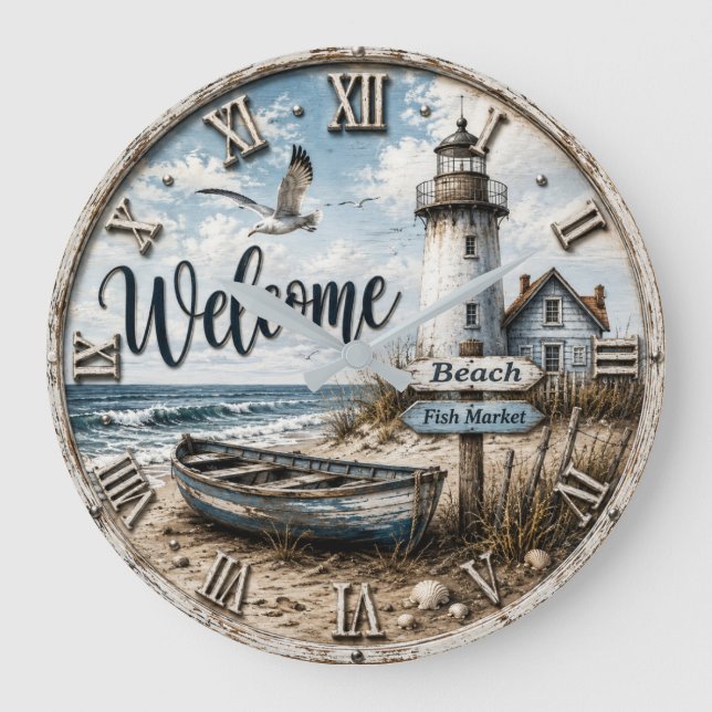 Welcome Lighthouse Coastal Nautical Beach House  Stor Klocka (Framsida)