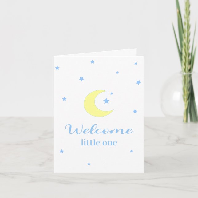 Welcome Little One Moon and Stars New Baby Blue  Kort (Framsida)