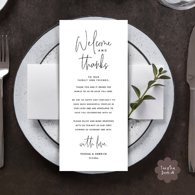 Welcome n Thanks Wedding Reception Thank You Card Program (Welcome n Thanks Wedding Reception Dinner Brunch Lunch Thank You Card in Black White)