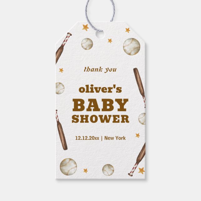 Welcome Neutral Batter Up Baseball Baby Shower  Presentetikett (Framsidan)