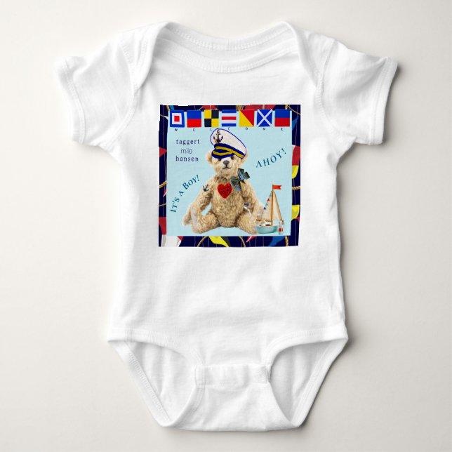 Welcome New Baby Boy Sailor Bear Bodysuit T Shirt (Framsida)