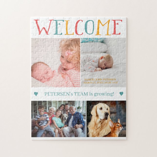 WELCOME nyfödd bebis, anpassningsbar foto collage  Pussel (Vertikal)