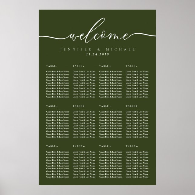 Welcome Olive Green Wedding Table Seating Poster (Framsidan)