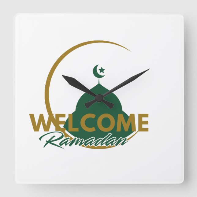 Welcome Ramadan Wall Clock – Islamic Mosque Cresce Fyrkantig Klocka (Framsida)