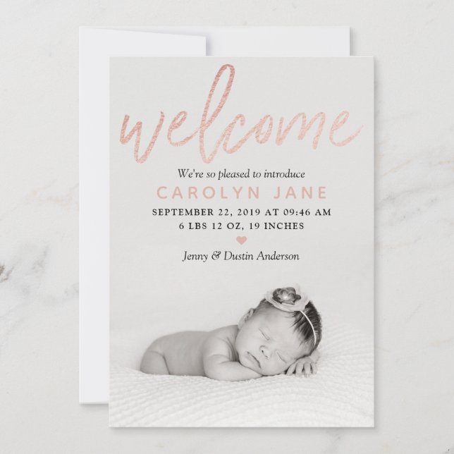"Welcome" Ro Gold Foil Photo Birth Meddelande (Framsida)