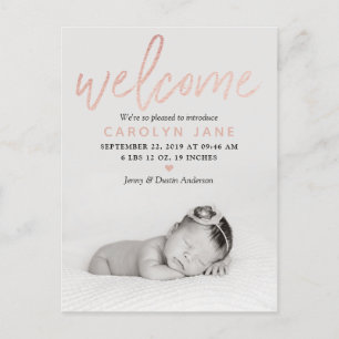 "Welcome" Ro Gold Foil Photo Birth Meddelande Vykort