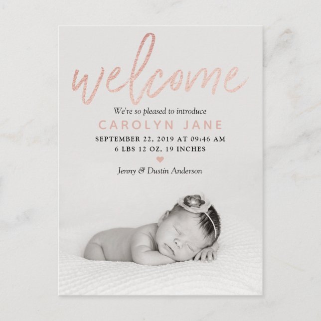 "Welcome" Ro Gold Foil Photo Birth Meddelande Vykort (Framsida)