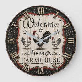 Welcome to Our Farmhouse Rustic Rooster & Hen Stor Klocka
