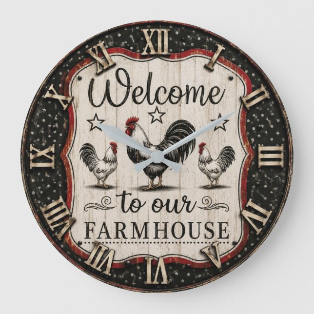 Welcome to Our Farmhouse Rustic Rooster & Hen  Stor Klocka (Framsida)