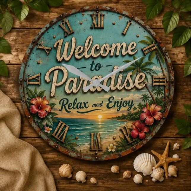 Welcome to Paradise Tropical Beach Stor Klocka (Skapare uppladdad)