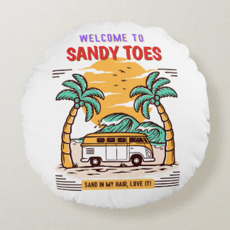 Welcome To Sandy Toes Summer Beach  Rund Kudde