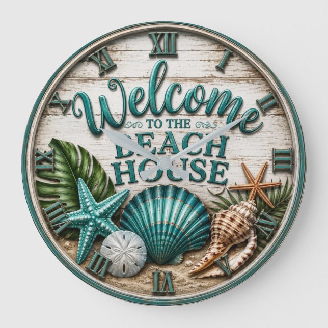 Welcome to the Beach House Rustic Sea shell Beach  Stor Klocka (Framsida)