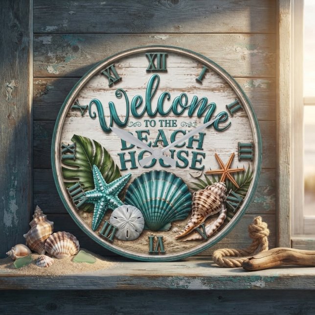 Welcome to the Beach House Rustic Sea shell Beach  Stor Klocka (Skapare uppladdad)
