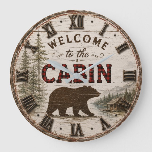 Welcome to the Cabin Rustic Bear Buffalo Plaid Stor Klocka (Framsida)