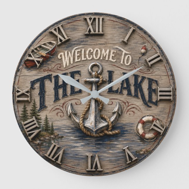 Welcome to the Lake Rustic Anchor Nautical Stor Klocka (Framsida)