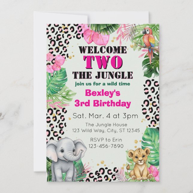 Welcome TWO Jungle Pink 2nd Birthday Inbjudningar (Framsida)