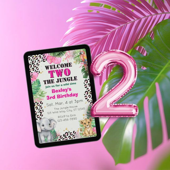 Welcome TWO Jungle Pink 2nd Birthday Inbjudningar (Skapare uppladdad)