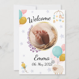 Welcome with love baby announcement round photo inbjudningar