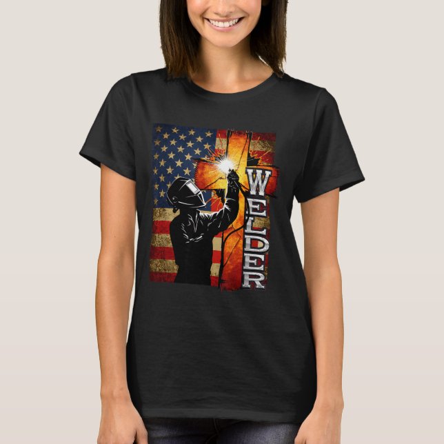 Welder American Flag Welding Faith Cross Christian T Shirt (Framsida)