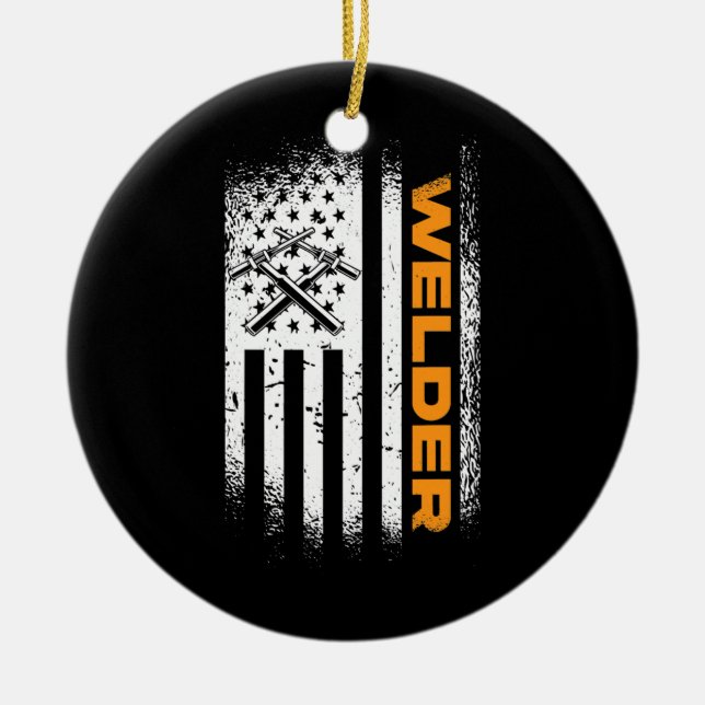 Welder American Flagga and USA Patriotic Welder Julgransprydnad Keramik (Framsidan)