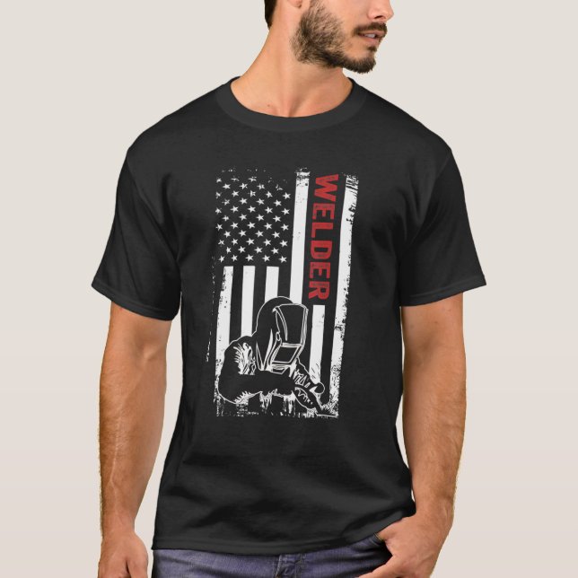 Welder American Flagga Welding Fusing Material Fun T Shirt (Framsida)
