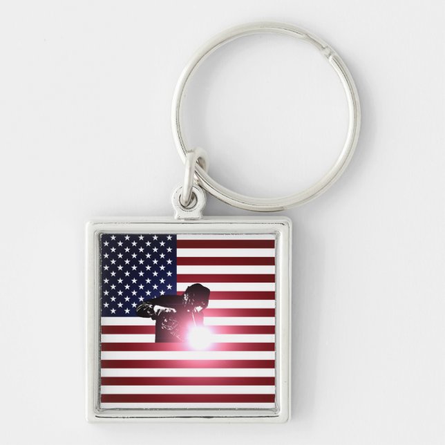Welder & amerikanska flaggan fyrkantig silverfärgad nyckelring (Framsidan)
