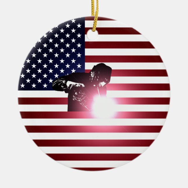Welder och amerikanska flaggan julgransprydnad keramik (Framsidan)