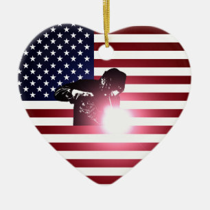 Welder och amerikanska flaggan julgransprydnad keramik