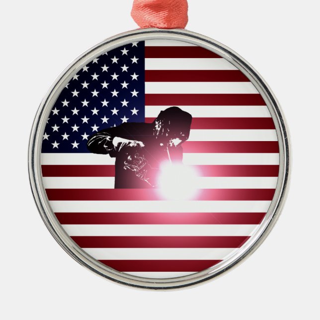 Welder och amerikanska flaggan julgransprydnad metall (Framsidan)