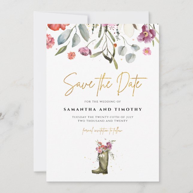 Wellingtonstövlar Blommig Save The Date Spara Datumet (Framsida)