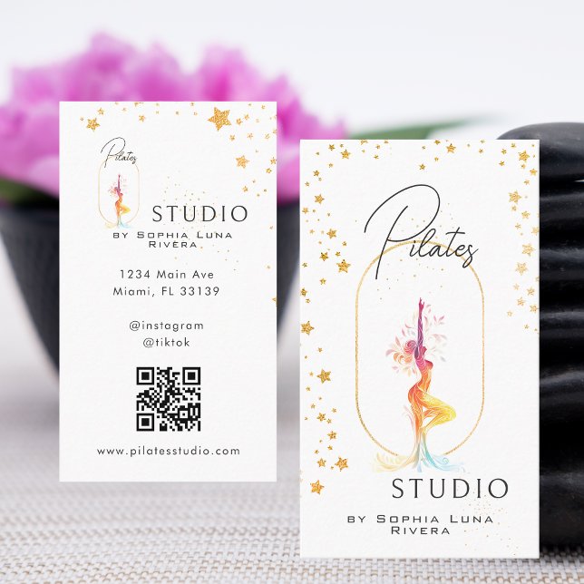 Wellness Yoga Skönhetsstudio Guldstjärnor QR-kod Visitkort (Wellness Yoga Beauty Studio Gold Stars QR Code Business Card)