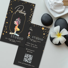 Wellness Yoga Studio Gold Stars Black QR Code Visitkort