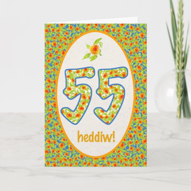 Welsh 55 th Birthday Card, Orange Pot Marigolds Kort (Framsida)