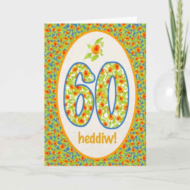 Welsh 60 th Birthday Card, Orange Pot Marigolds Kort (Framsida)