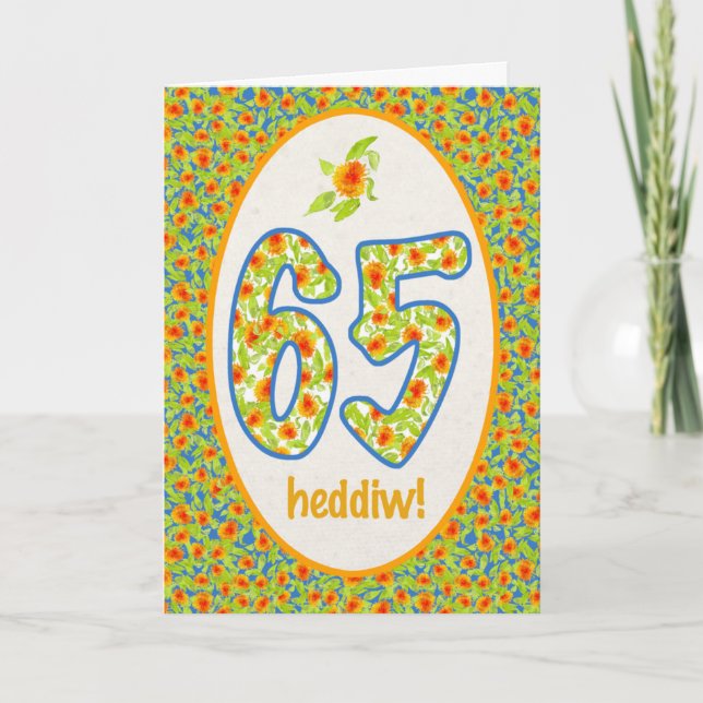 Welsh 65e Birthday Card, Orange Pot Marigolds Kort (Framsida)