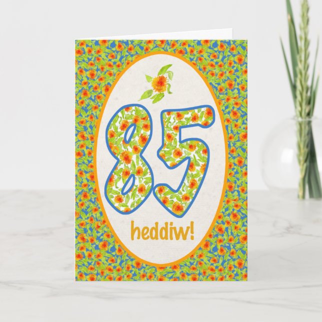Welsh 85 th Birthday Card, Orange Pot Marigolds Kort (Framsida)