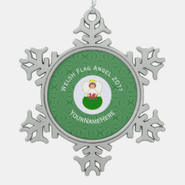 Welsh Angel-Personligen Juldag Flagga Snöflinga Pewter Julgransprydnad