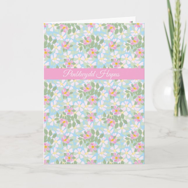 Welsh Birthday Card, Rosa Dogroses on Blue Kort (Framsida)