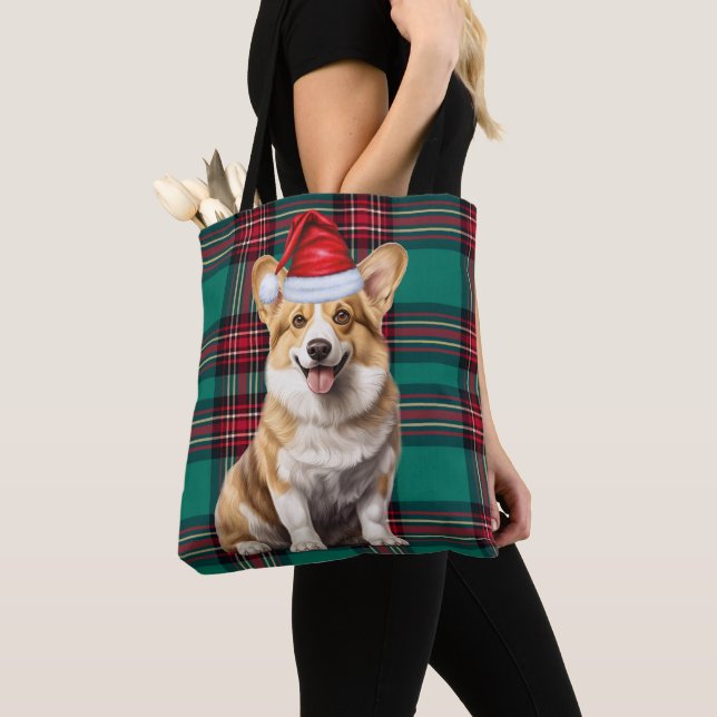 Welsh Corgi Christmas Dog Seasonal Green Plaid Tygkasse (Närbild)