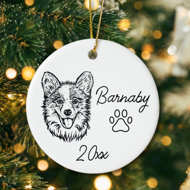 Welsh Corgi Hund Anpassat Namn och År Linje Konst Julgransprydnad Keramik (Welsh Corgi Dog ornament with custom name and year and paw print. Black and White Line Art)