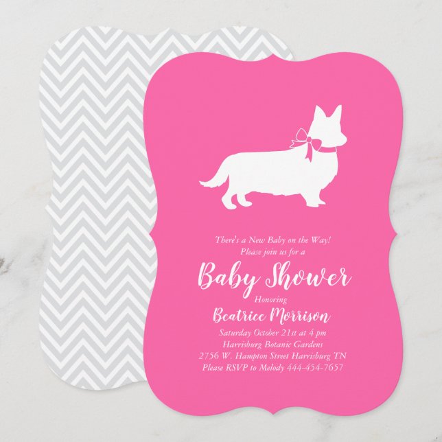 Welsh Corgi Hund Baby Shower Rosa Girl Inbjudningar (Fram/baksida)