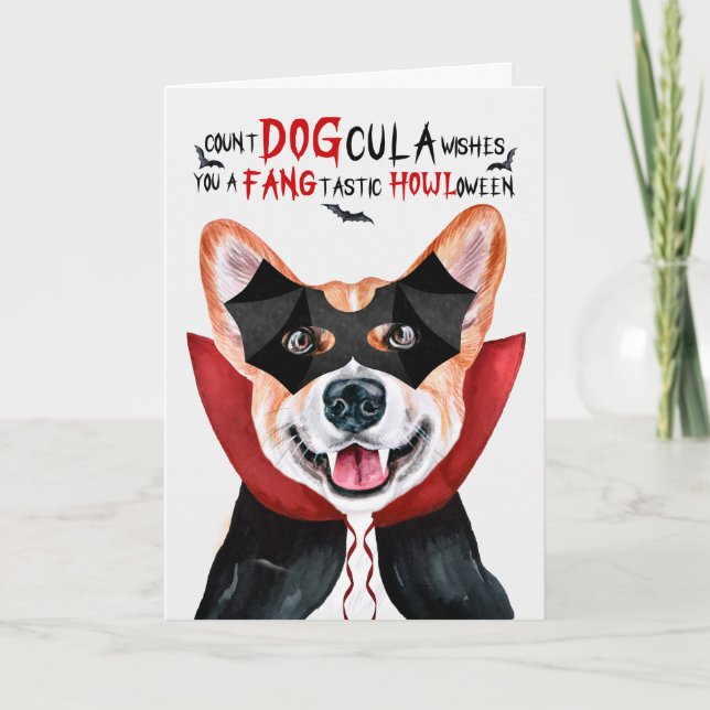 Welsh Corgi Hund Funny Count DOGcula Halloween Helgkort (Framsida)