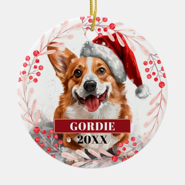 Welsh Corgi Hund i tomteluva Julgranskugge Julgransprydnad Keramik (Framsidan)