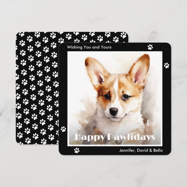 Welsh Corgi Hund Svart Vattenfärg Jul Julkort (Fram/baksida)