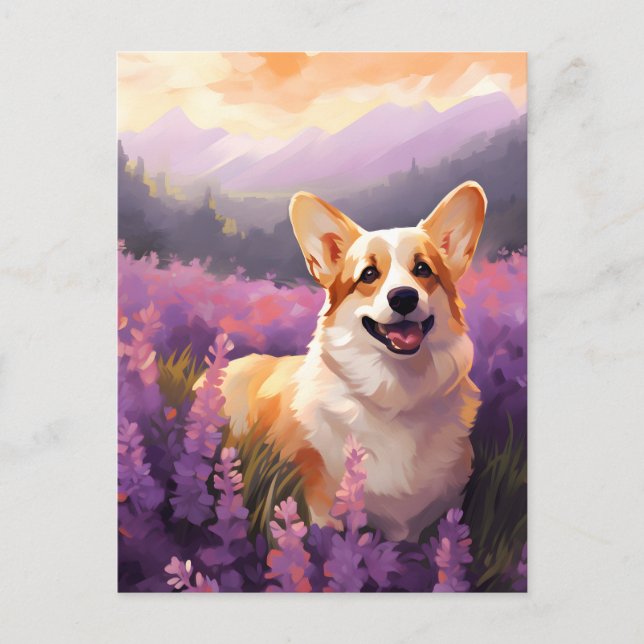 Welsh Corgi i lavendelfält Vykort (Framsida)