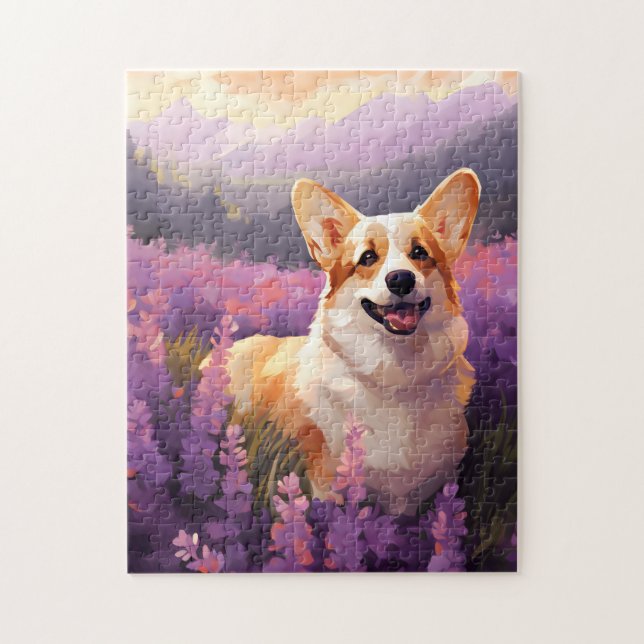 Welsh Corgi i Lavender fält Pussel (Vertikal)