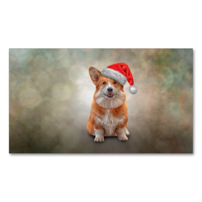 Welsh Corgi i röd hatt av Jultomten Magnetiska Visitkort (Framsida)