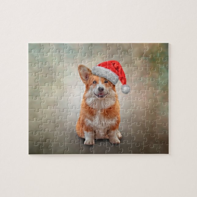 Welsh Corgi i röd hatt av Jultomten Pussel (Horisontell)
